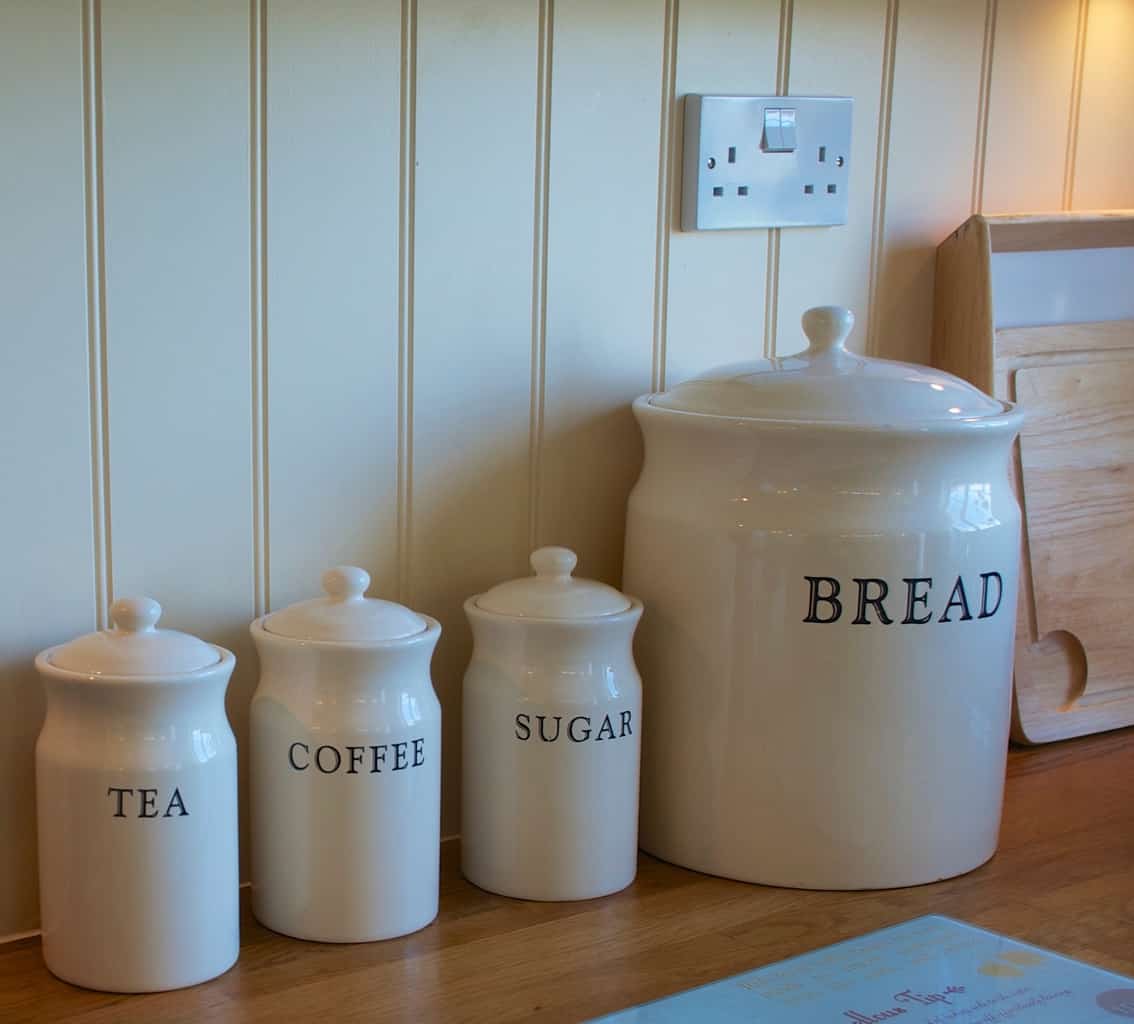 Cinders cottage kitchen storage for guests tea and coffee